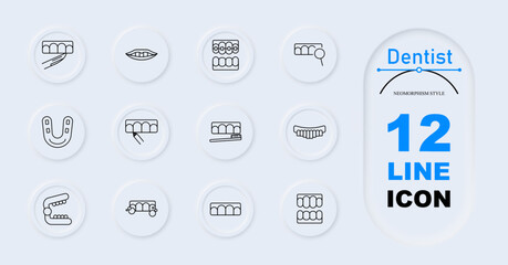 Dentist set icon. Teeth mold, smiling teeth, braces on teeth, tooth magnified, toothbrush with teeth, jaw model, tooth alignment, dental braces, dentures. Dental care, orthodontics, oral hygiene