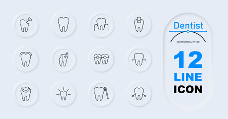Dentist set icon. Dental implant, smiling, decay, hearts, dental tool, healthy, broken, shield. Oral health, dental treatment, protection.