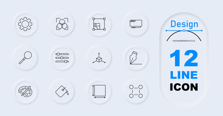 Design set icon. Icons feature cogwheel, color balance tool, cropping tool, monitor, magnifying glass, adjustment sliders, 3D axis, pencil drawing, palette, color dropper, scale tool, alignment tool