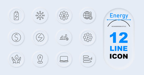 Energy set icon. Full battery, energy network, user gear, globe with temperature, dollar sign, statistics, hands holding leaf, electric symbol, laptop, location pin with lightning, settings