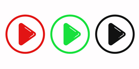 3 play button icons in flat style in 3 different colors. EPS 10. Isolated on white background