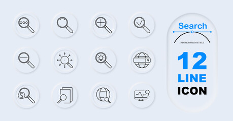 Search set icon. Magnifying glasses with plus, minus, check mark, globe, document, zoom, light bulb, search engine, graph.