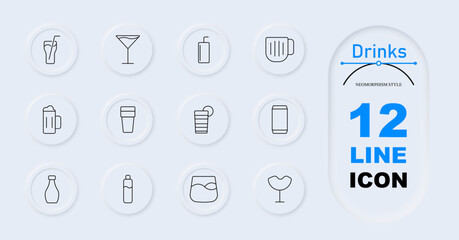 Drinks set icon. Glass, cocktail, beer mug, soda can, water bottle, coffee cup, martini glass, juice cup, drink can, tumbler, milk bottle, cup