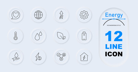 Energy set icon. Icons include heart in speech bubble, globe, increasing energy, cog with check mark, thermometer, water drops, leaf, battery, hand with water drop, energy efficiency, user connections