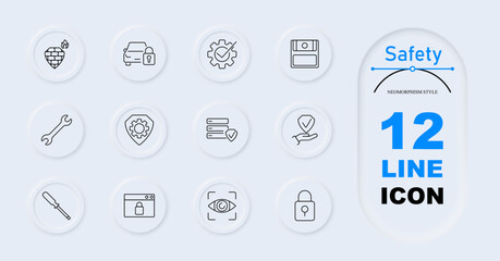 Safety set icon. Firewall, locked car, cog with check mark, hard drive, wrench, shield with cog, screwdriver, browser lock, eye scanner, lock.