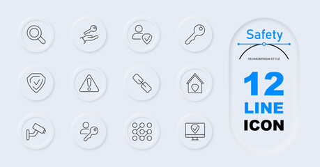 Safety set icon. Magnifying glass, key in hand, user with shield, key, shield with check, warning, broken chain, house with shield, security camera, user with key, computer shield