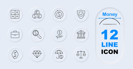 Money set icon. Calculator, currency coins, dollar exchange, shield with check, briefcase, magnifying glass with dollar, hand with coin, bank, diamond, scale with dollar, insurance umbrella