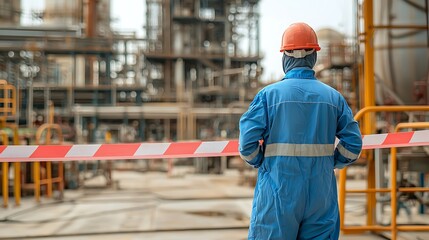 Construction worker monitoring safety protocols in industrial plant environment with equipment in background