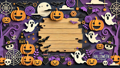 Obraz premium Halloween-Themed Background with Pumpkins, Ghosts, Bats, and Wooden Sign.