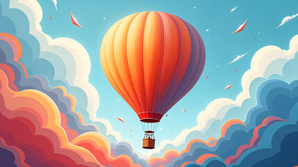 Fototapeta premium A vibrant hot air balloon ascends through colorful clouds under a bright blue sky, showcasing the beauty of a serene afternoon adventure in the air