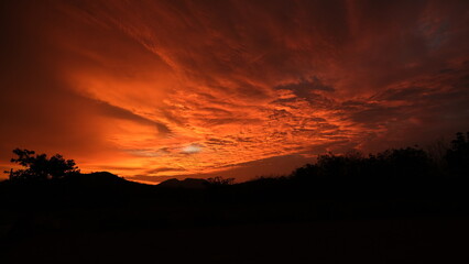 evening sky backlit orange-red light black mountain trees