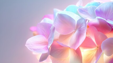 Fototapeta premium Abstracted hydrangea flowers in a haze of color, soft focus highlights petals and diffused natural light, creating a peaceful floral ambiance