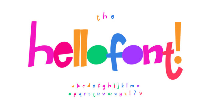 Playful colorful font, cheerful letters, bouncy bold alphabet for lively joyful logo and headline, engaging bouncy cartoon text, youthful fun typographic. Vector typeset.