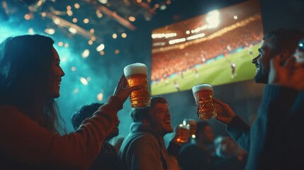 A bar full of fans with beer mugs in their hands and waving their arms excitedly