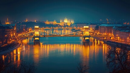 Fototapeta premium Illuminated Golden Bridge Over Calm River at Night