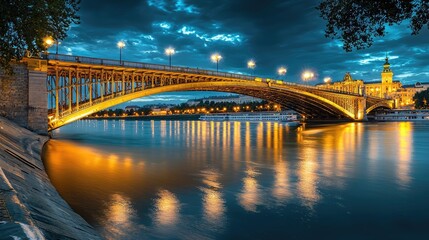 Obraz premium Illuminated Golden Bridge Over Calm River at Dusk