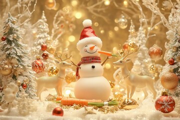 A snowman is feeding carrots to the reindeer, surrounded by Christmas decorations and trees with golden light effects
