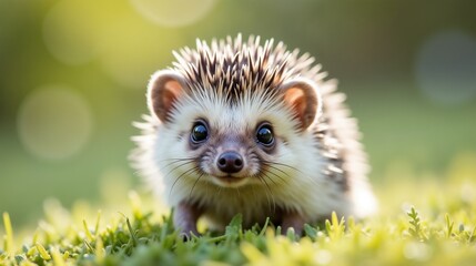 A cute hedgehog foraging on soft green grass in a sunny outdoor setting, showcasing its tiny features and quills during the early morning hours