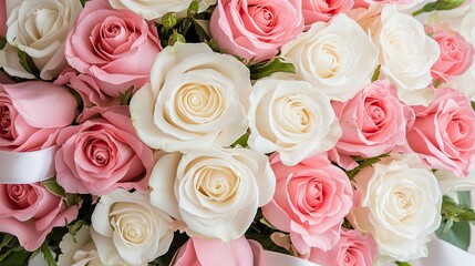 Obraz premium A beautiful bouquet featuring white and pink roses, symbolizing love, romance, and elegance, perfect for any special occasion.