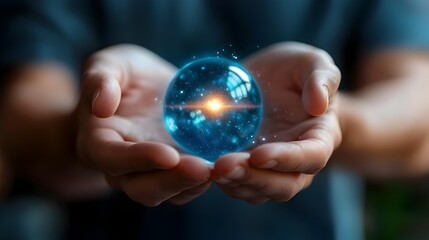 Cupped human hands holding a mesmerizing glowing blue energy orb with sparkling dust flowing and swirling around the captivating ethereal sphere