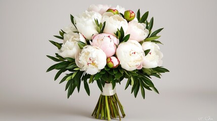 Obraz premium A beautiful bouquet of pale pink and white peonies with lush green foliage, ideal for celebrations and special occasions.