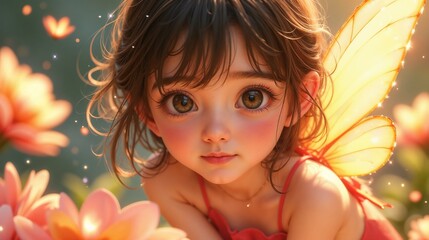 Fototapeta premium A young girl with butterfly wings playing among vibrant flowers in a sunlit garden during a serene afternoon, capturing the essence of childhood wonder and imagination