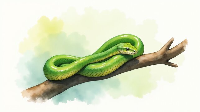 A vivid green tree snake resting on a branch in a lush rainforest setting, showcasing its striking colors and natural habitat during the daylight hours