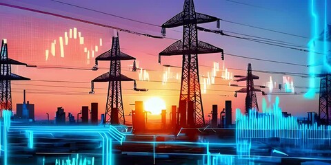 Silhouette of electricity pylons against sunset with blue glow effect and stock market graphs. - Powered by Adobe