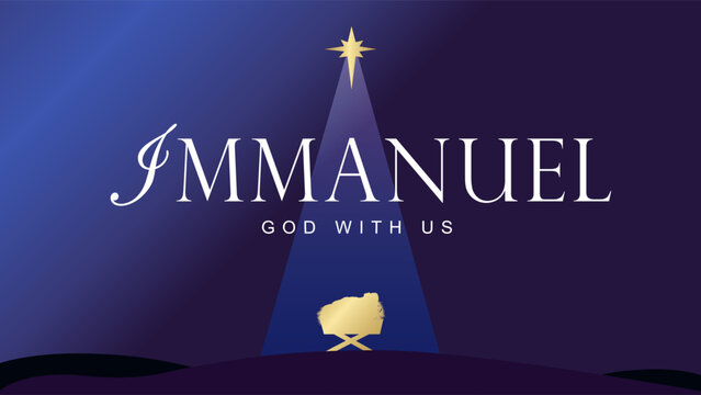 Immanuel God with us golden lettering and baby Jesus in the manger. Vector silhouettes Jesus in manger in the light of the star of Bethlehem and Bible quote. Symbols of Holy Night for banner or poster