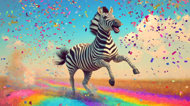 A zebra galloping across a path made of rainbows, with confetti falling from the sky 