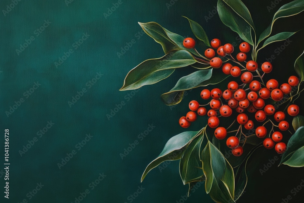 Wall mural Red Berries and Green Leaves on a Deep Green Background