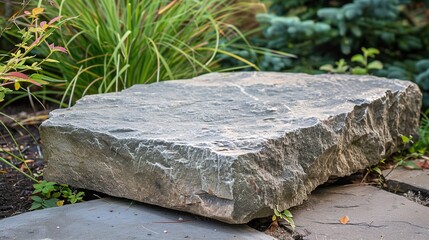 Obraz premium flat stone podium on a rock platform serves as a stylish showcase against a backdrop of verdant forest scenery