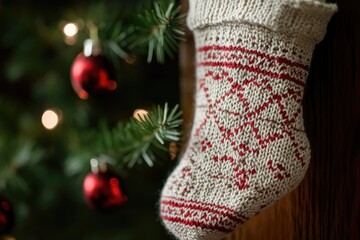 A Close-Up of a White and Red Knit Christmas Stocking Hanging on a Wooden Wall with a Blurry Christmas Tree in the Background