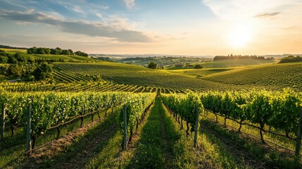 Lush Vineyard with Grape Vines at Different Growth Stages