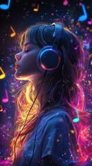 A tranquil anime girl wearing sleek headphones, lost in a world of music, with colorful sound waves and glowing notes filling the air around her, her eyes gently closed, her hair moving to the beat,