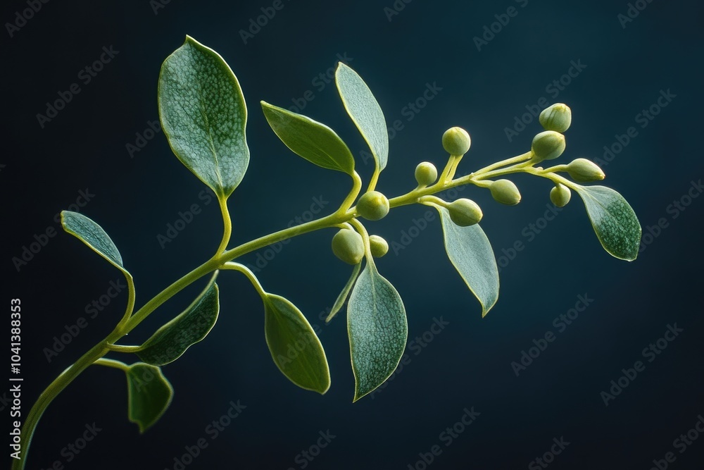 Poster Close-up of a Sprig with Green Leaves and Buds Against a Dark Background