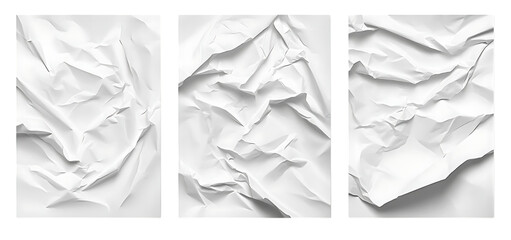 set of White crumpled and creased glued paper isolated transparent background