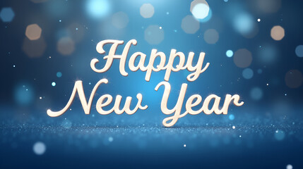 Celebratory text wishing a Happy New Year on a shimmering blue background with soft glowing bokeh lights creating a festive atmosphere