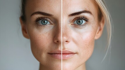 Side-by-side comparison of a patient's face, showing sagging skin and wrinkles before a facelift, and smooth, tightened skin with a youthful appearance after