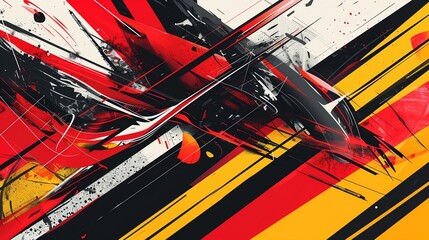 Dynamic Abstract Art with Black, Red, and White Fluid Design Featuring Glossy 3D Spheres and Energetic Paint Streaks