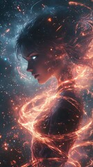 Obraz premium Anime girl casting a bright, swirling spell, glowing rings of light expanding from her hands, her hair and clothes flowing with the energy surge, the air filled with sparkles and glowing mist,