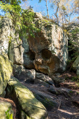 Skull rock formation in the Stołowe Mountains, Poland