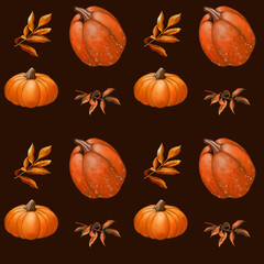 Autumn seamless pattern with orange leaves and orange pumpkins with brown background