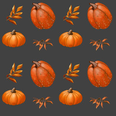 Autumn seamless pattern with orange leaves and orange pumpkins with dark grey background