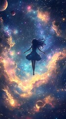 Fototapeta premium Anime girl floating weightlessly in a cosmic sea of stars and galaxies, planets orbiting around her, her hair flowing like waves in space, soft pastel colors glowing in the cosmic background,