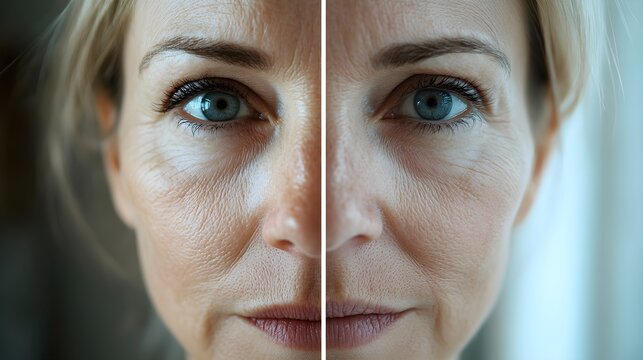 Close-up before-and-after facelift comparison, highlighting wrinkle reduction and tightened skin on the face, Natural Colors, High-Resolution, Realistic