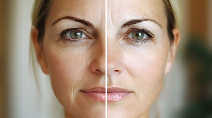 Facelift comparison, showcasing a face with visible aging signs like sagging skin and wrinkles before, and a dramatically lifted, wrinkle-free appearance after