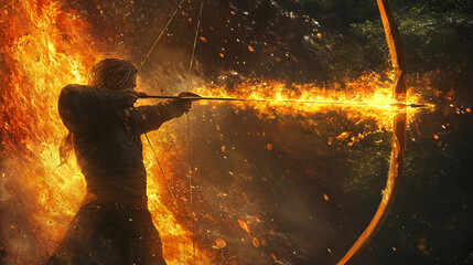 Archer Firing a Flaming Arrow that Turns Into a Streak of Light as It Flies Toward a Target 