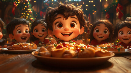 Christmas Feast with Animated Children: A delightful scene of animated children with big, expressive eyes enjoying a festive Christmas meal.  The image radiates warmth, joy.