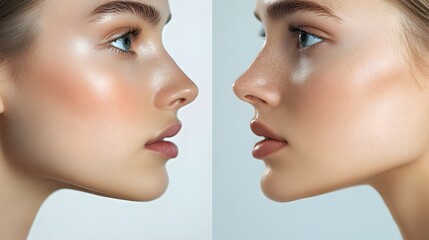 Side-by-side visual of a facelift journey, showcasing enhanced skin tightness and youthful appearance, with testimonial overlay, Realistic, High-Resolution